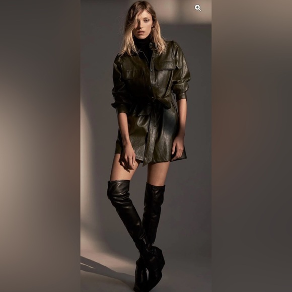 NWT ZARA Khaki Faux Leather Button Down Mini Dress - Picture 2 of 16